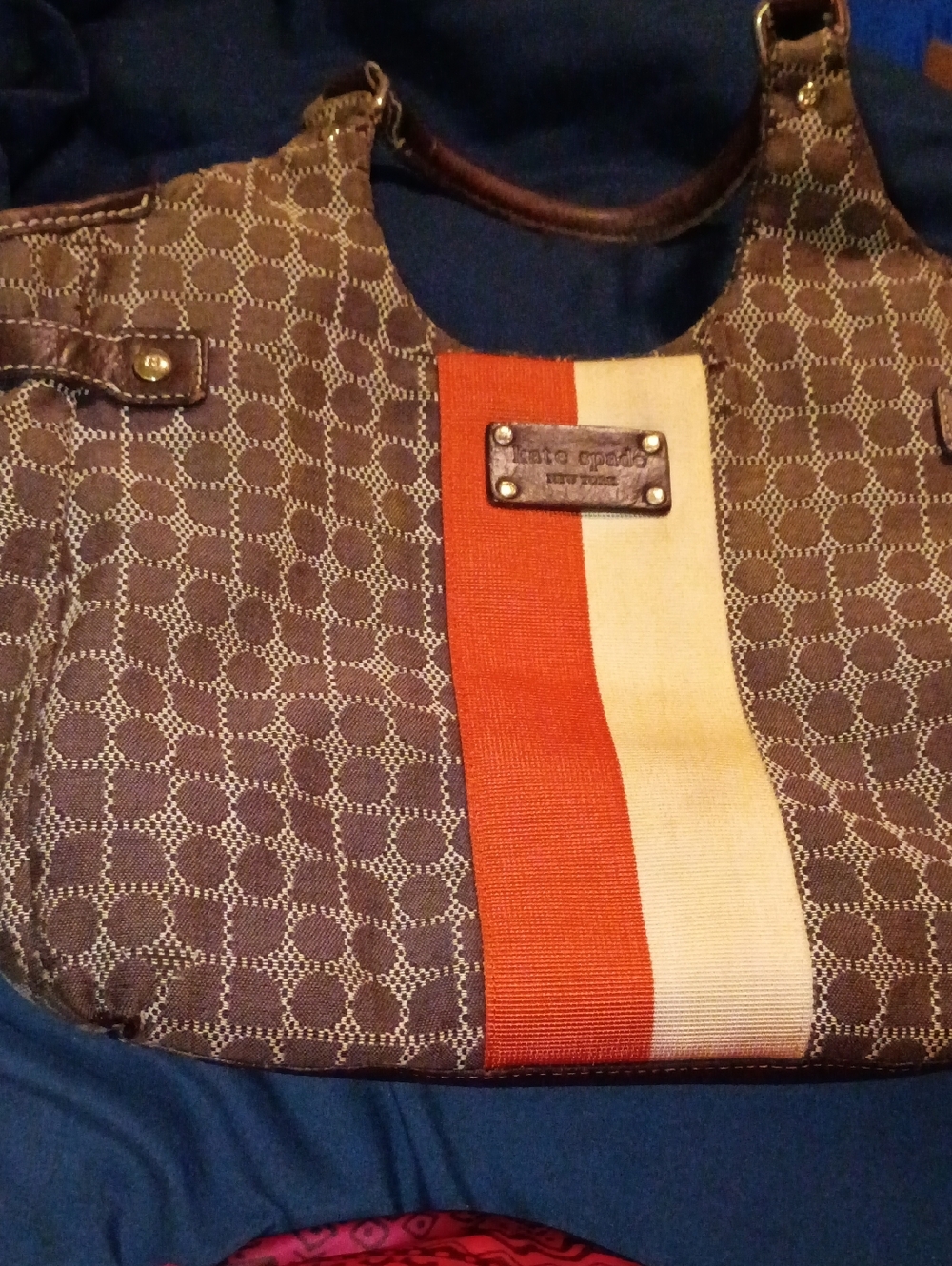 kate spade Brown Monogram Tote with Orange & Cream Center Stripe